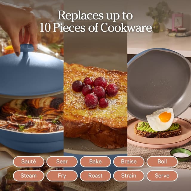 Detalle de Our Place Always Pan 2.0 (27cm, 2.5L) Nonstick Ceramic Cookware – Blue Salt, 10-in-1 all-rounder