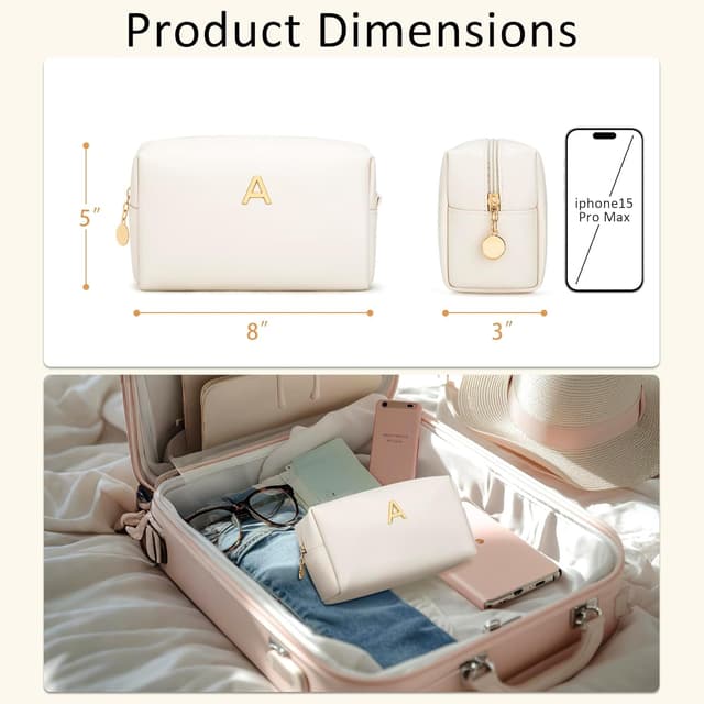 Thumbnail 6 de CLOUDWINGS Personalized Initial Makeup Bag (Beige) – PU Leather Waterproof Travel Toiletry Bag for Bridesmaids