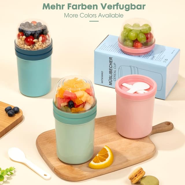 Thumbnail 6 de Mitsemmo Müslibecher to Go 600 ml + 270 ml (Joghurtbox mit Löffel, Nordic Grün)