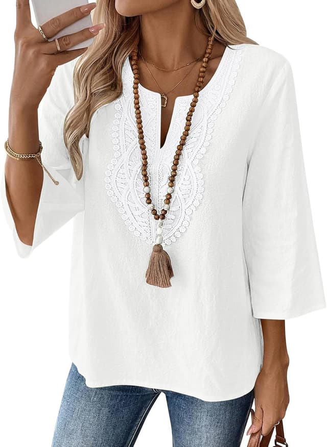 Detalle de Rapbin Bluse Damen 3/4 Arm mit V-Ausschnitt aus Baumwoll-Leinen-Mix und Spitze