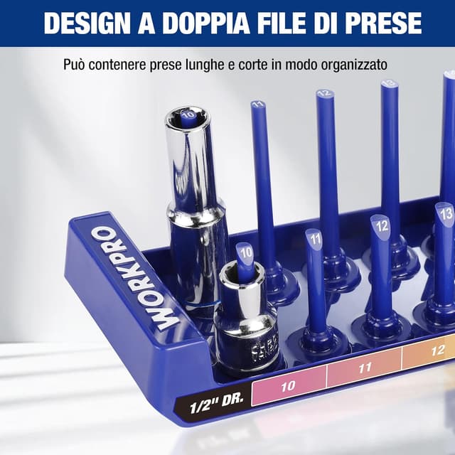 Detalle de WORKPRO Porta Bussole per prese metriche fino a 94 pezzi (1/4, 3/8, 1/2) con vassoio portaprese e fori