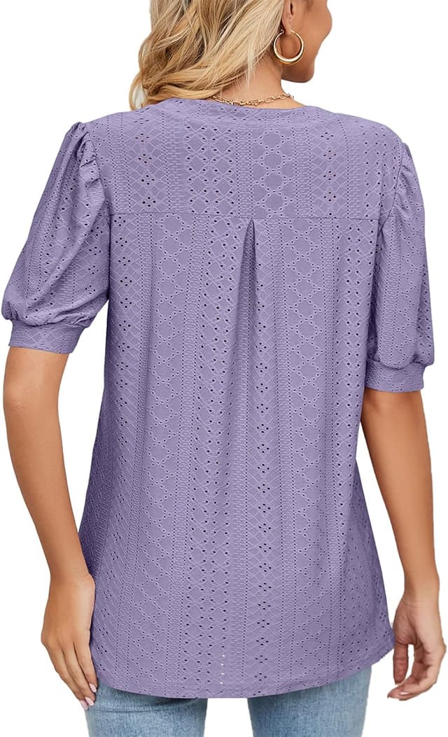 Detalle 2 de EDOTON Donna maglietta con scollo a V e maniche a vescica, camicetta casual in poliestere (taglie S–XXL)