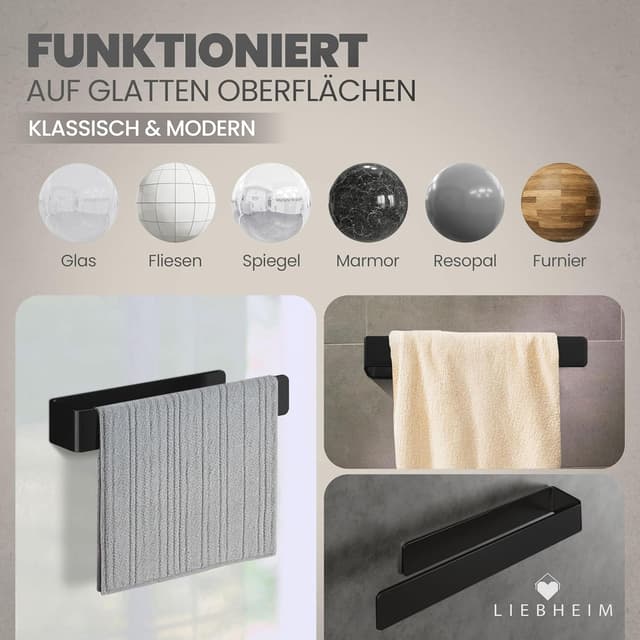 Detalle 2 de LIEBHEIM Handtuchhalterung ohne Bohren (schwarz, Aluminium, 22 cm) – Wand-Handtuchstange
