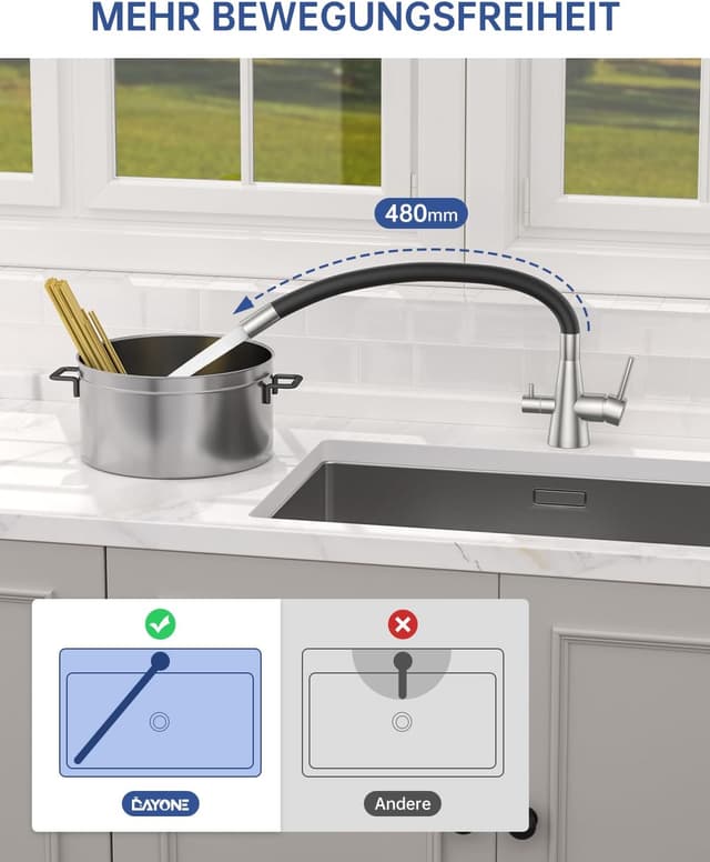 Detalle 2 de DAYONE 3‑Wege Wasserhahn Schwarz 360° drehbar 🚰