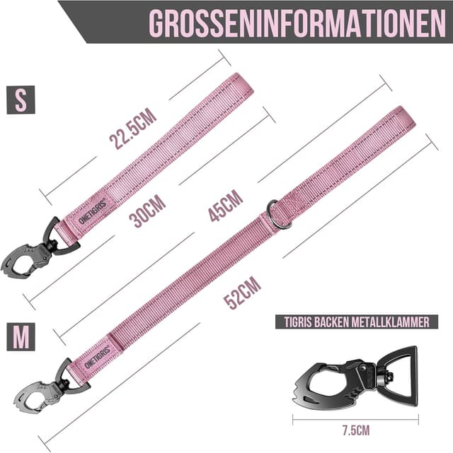 Detalle 2 de OneTigris Bolt Kurzführer Hund 30 cm – Hundeleine kurz mit Tiger-Zahn Metallclip & weicher Polsterung, reflektierendes Nylon (Rosa)