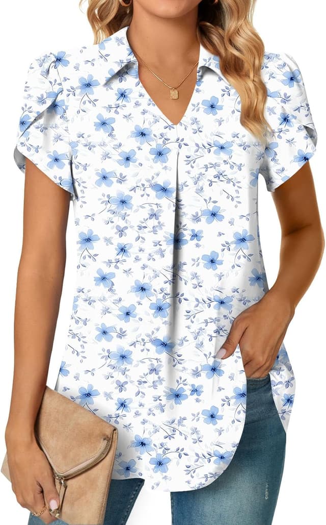 Thumbnail 6 de Aodemo women’s chiffon pleated V-neck collared short-sleeve tunic blouse