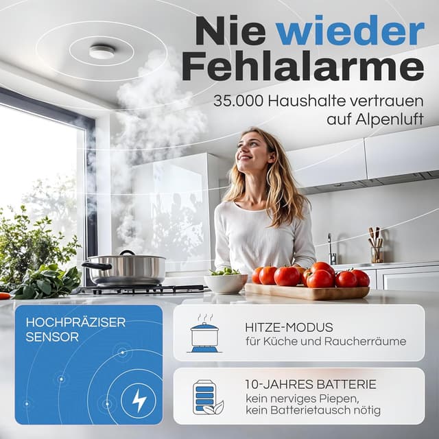 Detalle de ALPENLUFT Funk vernetzter Rauchmelder & Hitzemelder 2in1, 10 Jahre Batterie, 5er-Set ohne Bohren