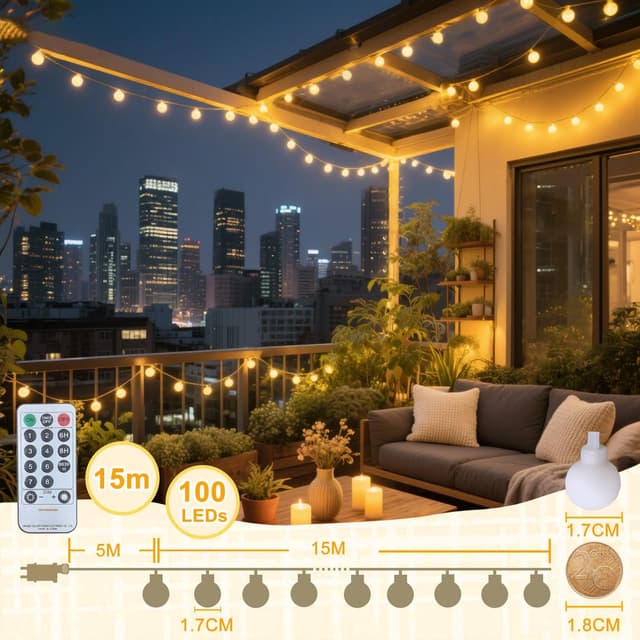 Detalle de taiyongkang Kugel Lichterkette für außen, 15 m mit 100 warmweißen LEDs und Fernbedienung