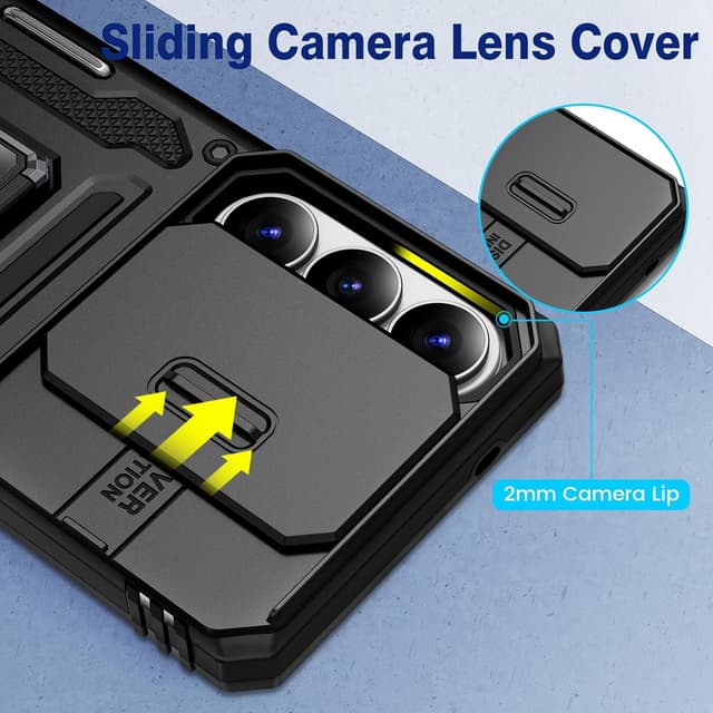 Detalle de VEGO Rugged Galaxy S26 Ultra Case with Slide Camera Protector, Belt Clip Holster, and 9H Tempered Glass (Black)