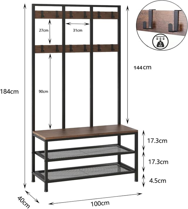 Detalle de Dripex Appendiabiti da terra con panca e scarpiera 3 in 1, 12 ganci rimovibili, 100x40x182 cm