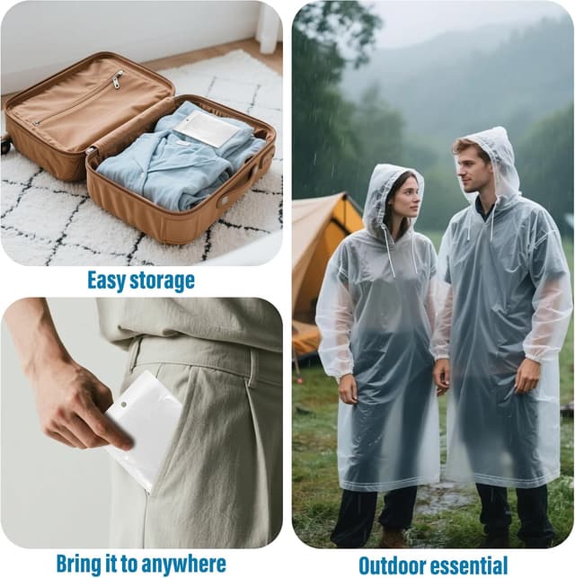 Detalle 2 de Chyaya 3/5/6 Pack Disposable Rain Ponchos (Waterproof, Hood & Elastic Cuffs) – Transparent Adult Ponchos