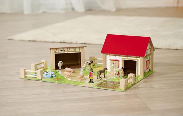 Detalle de Eichhorn Bauernhof 100004309 – Bauernhof-Spielset aus Buchenholz mit 2 Gebäuden, Tieren und Zäunen (20-teilig)