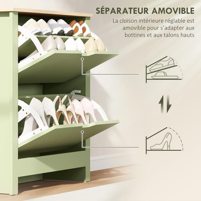 Detalle 2 de HOMCOM Meuble à chaussures étroit 12 paires avec 2 tiroirs rabattables et étagères réglables (72 x 26 x 80 cm)