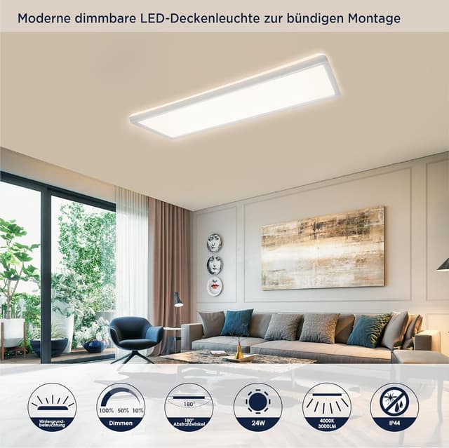 Detalle de BestLuz LED-Deckenleuchte 58x20 cm, dreistufig dimmbar (2er-Set) – IP44, 3.000 lm, 24 W
