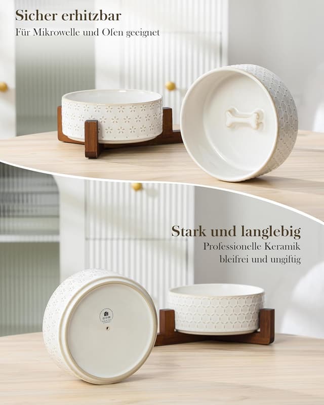 Thumbnail 6 de MALACASA Keramik-Hundenapf mit Walnussholz-Ständer, 1000 ml, Doppelschale für Futter & Wasser