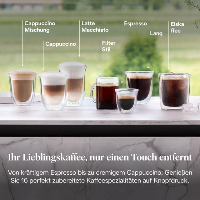 Detalle de De’Longhi Rivelia – Perfetto Kaffeevollautomat mit LatteCrema-Milchschaumsystem, 16 One-Touch-Getränken & austauschbaren Bohnenbehältern (Grau)