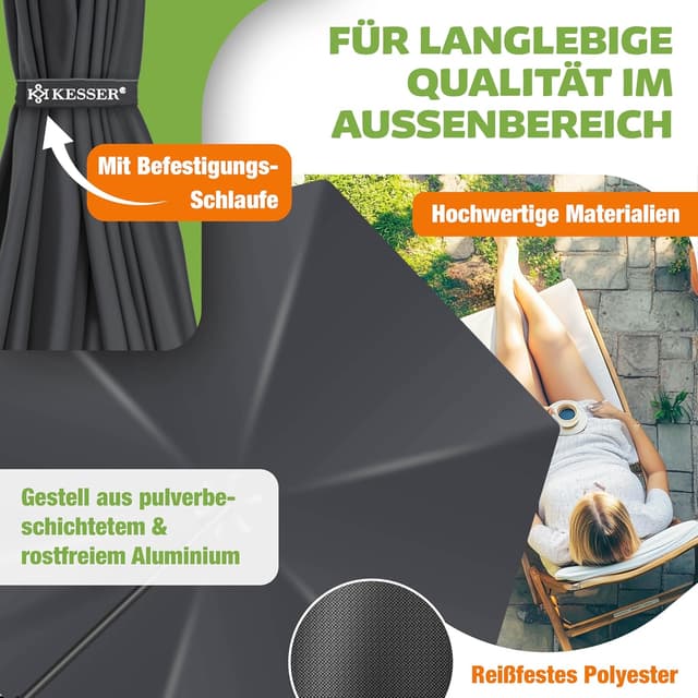 Detalle de KESSER Sonnenschirm Ø 350 cm – Ampelschirm mit Kurbel, 360° Drehfunktion und Schutzhülle (Anthrazit)