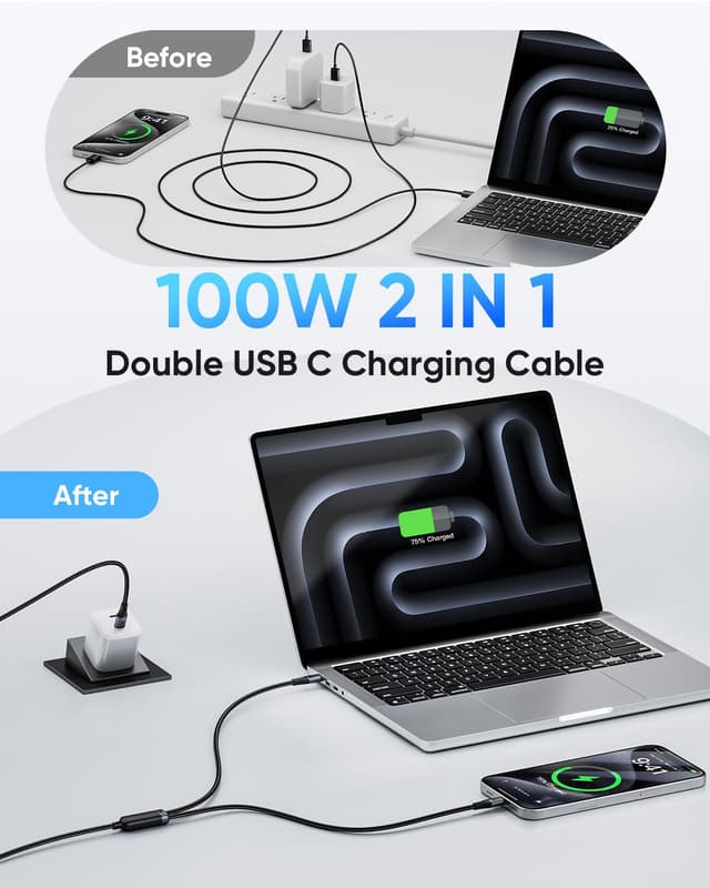 Detalle de SUNGUY câble USB‑C vers USB‑C 2 en 1 1,2 m avec charge rapide jusqu’à 100 W