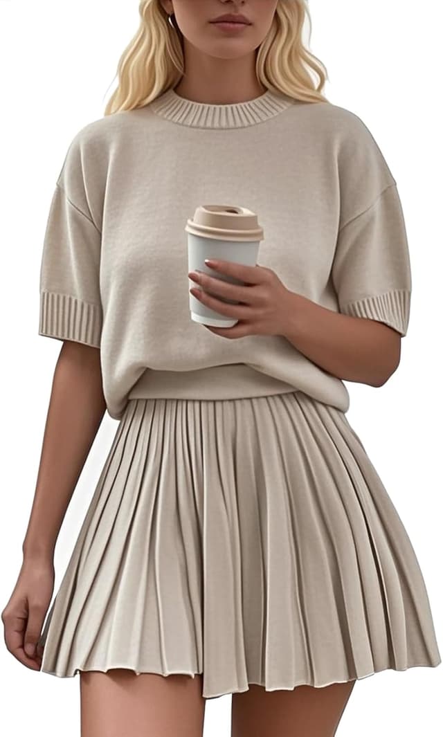 Detalle de Jenisso Women’s 2-Piece Outfit Set (Short Sleeve Crewneck Knit Top + Pleated Mini Skirt)