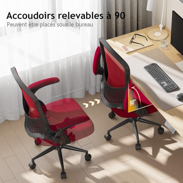 Detalle de Naspaluro chaise de bureau ergonomique avec accoudoirs rabattables à 90°, soutien lombaire et assise pivotante 360° (rouge sombre)