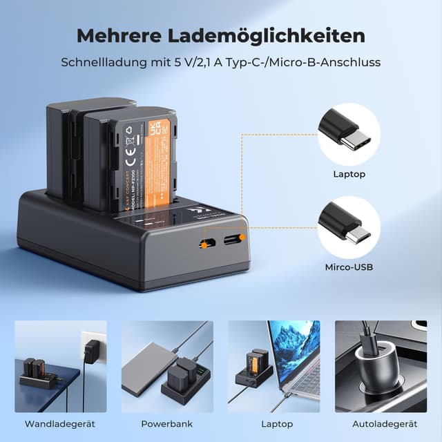 Detalle de K&F CONCEPT NP-FZ100 Kamera-Akku 2er Pack (2280 mAh) mit USB-Dual-Ladegerät für Sony Alpha