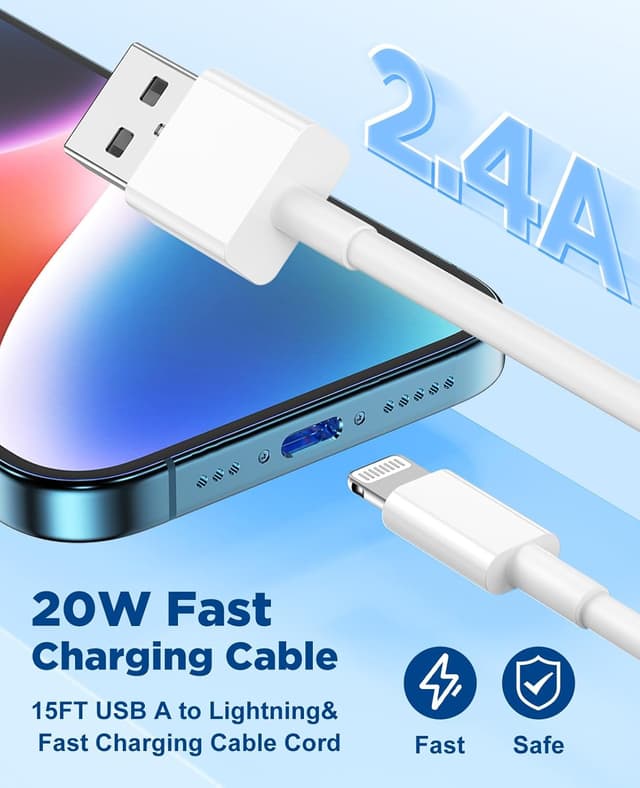 Detalle de Hcoob 15 FT MFi-Certified Lightning Charger Cable (5M), Extra-Long 2.4A Fast Charging for iPhone