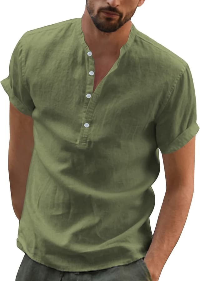 Detalle de YAOBAOLE chemise en lin homme à manches courtes col mao (style henley) pour l’été casual
