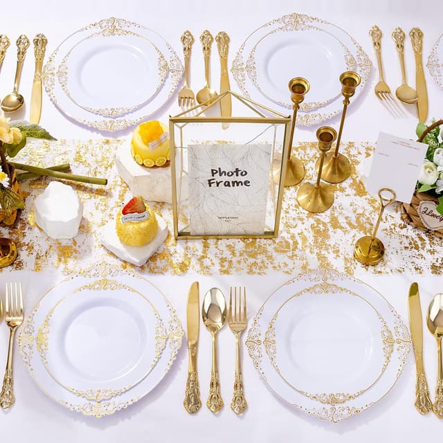 Thumbnail 6 de Joyido 102PCS White and Gold Heavy-Duty Plastic Plates (51 7.5" Dessert + 51 10.25" Dinner)