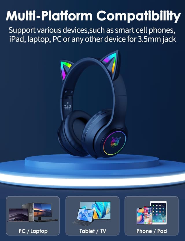 Detalle de Cat Ear Bluetooth Headphones with LED Lights – Wireless Over-Ear Headset with Microphone, Hi‑Fi Stereo & 55H Playtime