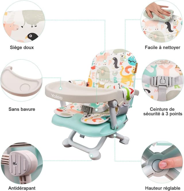 Detalle de YOLEO réhausseur pliable enfant avec plateau amovible réglable en hauteur (6 mois à 3 ans) vert avec coussin