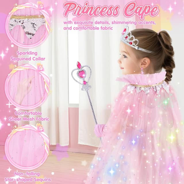 Detalle de Déguisement Princesse fille 3+ ans avec cape illuminée et couronne (3 à 8 ans) – ensemble jeu de rôle lumineux