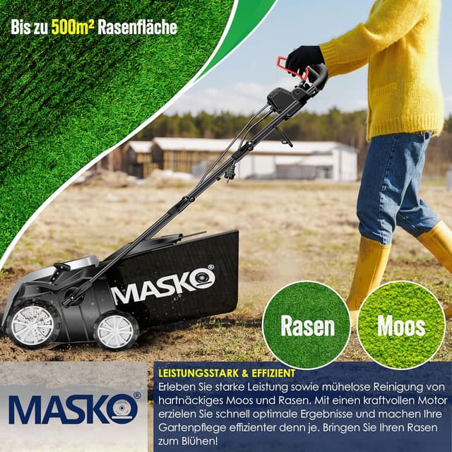 Detalle de MASKO® Elektro 2in1 Vertikutierer & Rasenlüfter 1800 W, 40 cm Arbeitsbreite, 55-L-Fangkorb