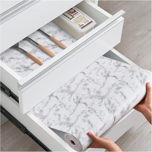 Detalle de ALIUNI Drawer and Shelf Liner (Non-Adhesive), White Marble, Waterproof Non-Slip PVC Mats, 12 in x 10 FT
