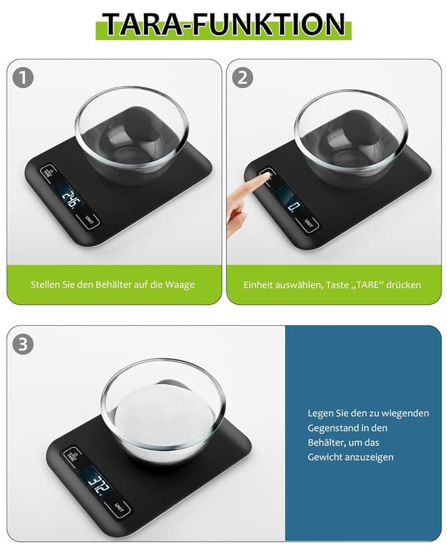 Detalle de Digitale Küchenwaage mit LCD-Display, Tara-Funktion & 1-g-Schritten (schwarz)