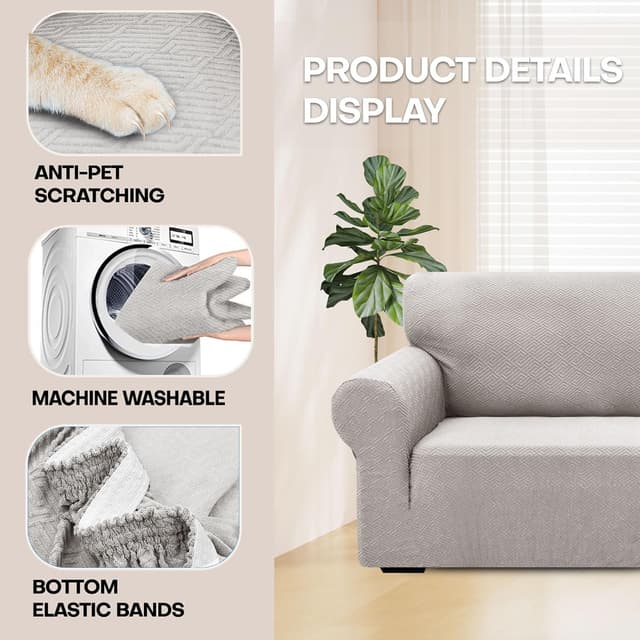 Detalle de YSTELLAA Copridivano 4 posti con braccioli elasticizzato jacquard grigio silver