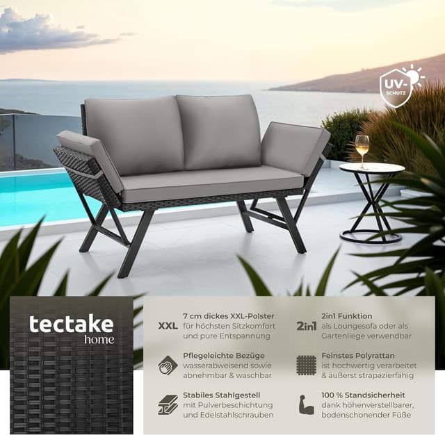 Thumbnail 3 de tectake Rattan Loungesofa 2in1 Klapparmlehnen