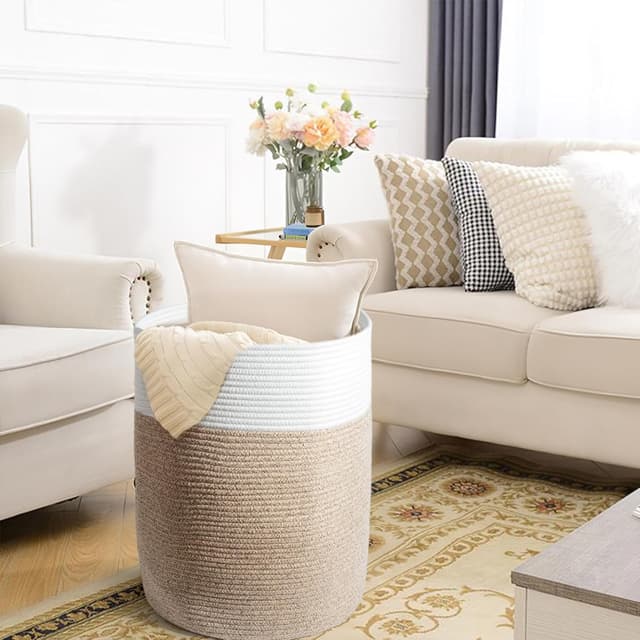 Detalle 2 de SYLANDO 45L geflochtener Baumwollkorb mit Griffen (H45 cm, Ø38 cm) – Aufbewahrung für Spielzeug, Wäsche & mehr