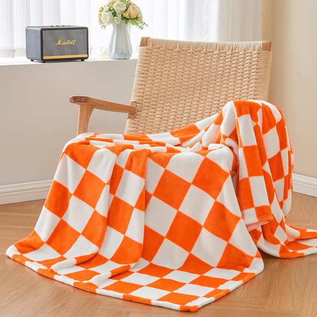 Detalle 2 de BEDELITE Checkerboard Throw Blanket for Sofa (Orange, 50x60 in) in Soft Polyester