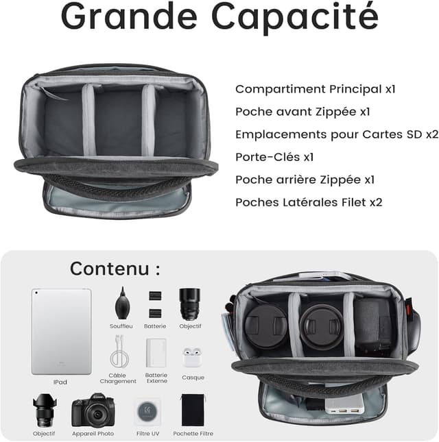 Detalle de Sac photo étanche S-ZONE pour DSLR/SLR (24,5 × 13,5 × 18 cm) avec bandoulière et compartiments