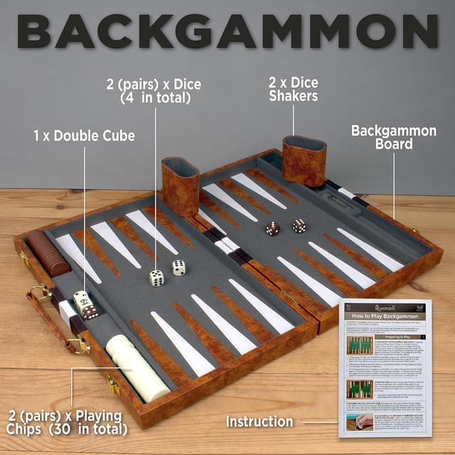 Detalle de Large Backgammon Sets for Adults (15-inch) in PU Leather Case — Classic 2-Player Board Game Gift