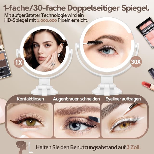 Detalle de MOMOKUBA Vergrößerungsspiegel mit Saugnapf und Beleuchtung (30-fach, doppelseitig)