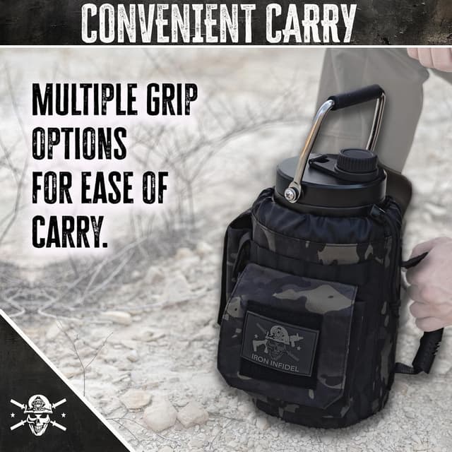 Detalle de Iron Infidel Battle Bottle 128 oz Insulated Water Jug with Dual Handles and Rugged Sleeve (Black Camo)