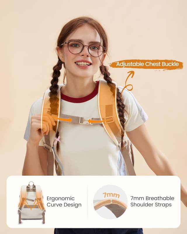 Detalle de LOVEVOOK Schulrucksack für Mädchen 10–18 Jahre mit großem Flaschenfach und Laptopfach (15,6 Zoll) – Khaki Beige