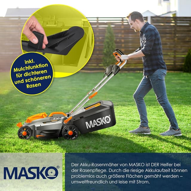 Detalle de MASKO® Akku-Rasenmäher mit Mulchfunktion (36V) inkl. 4 Ah Akku, Ladegerät und 33 cm Rasentrimmer