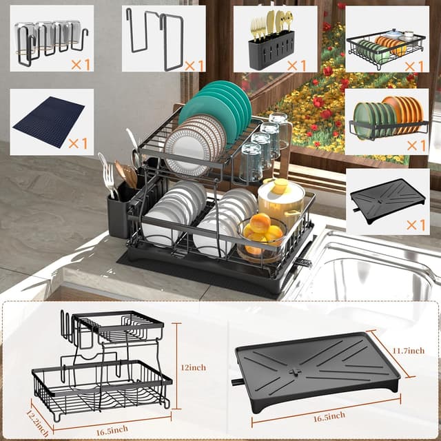 Detalle 2 de Godboat 2-Tier Dish Drying Rack with Auto-Drain Tray and Mat (Kitchen Counter Dish Drainer)