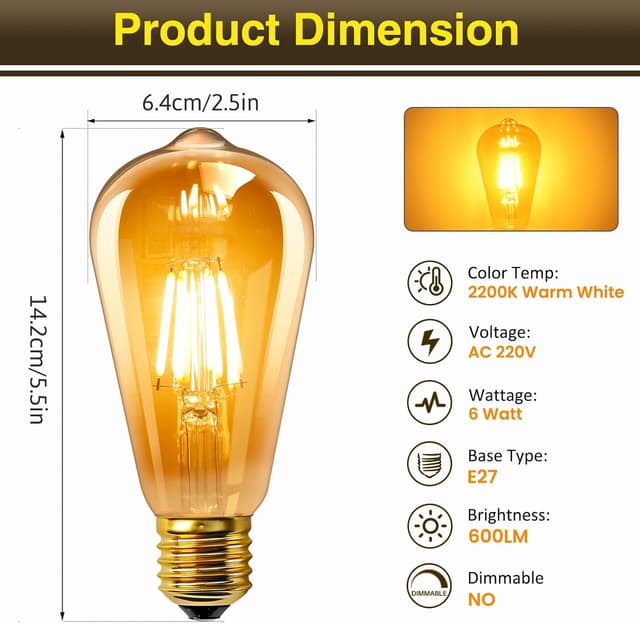 Detalle de Coppia lampadine LED vintage Edison E27 ST64 6W (equivalente 60W), vetro ambrato 2200K, non dimmerabili