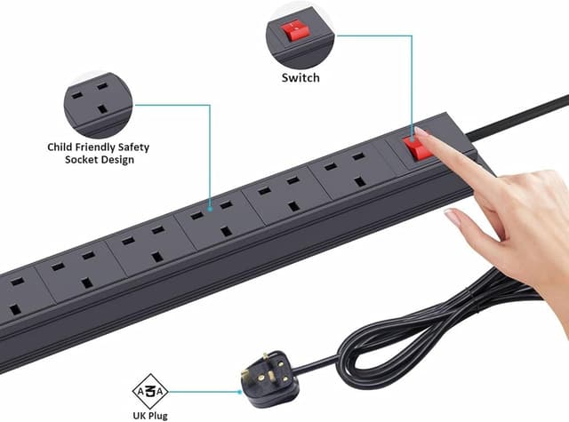 Detalle de Extension Lead Surge Protection 7-Way Power Strip with Switch, 3m Cable (13A) – Horizontal Rack/Wall Mount PDU