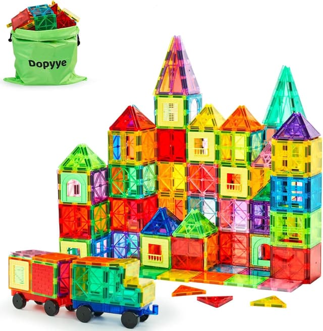 Detalle de Dopyye 132-Piece Magnetic Tiles Building Blocks Set with 2 Rolling Cars (STEM Montessori Toy for Ages 3–9)