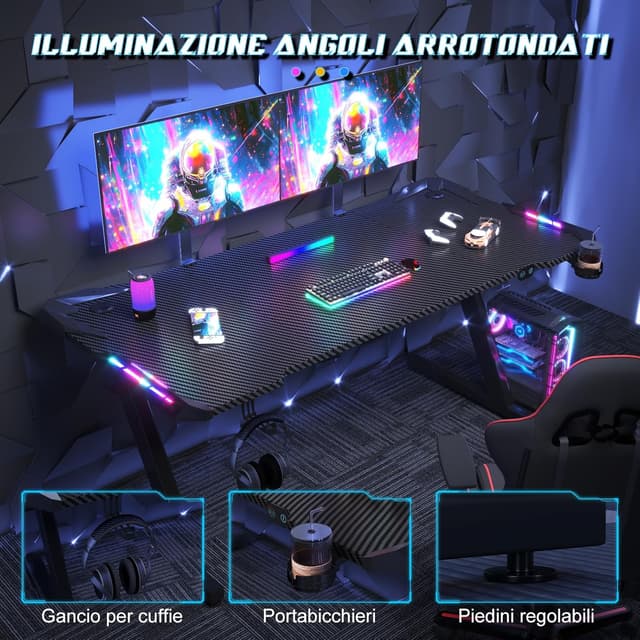 Detalle de JUMMICO Scrivania Gaming LED RGB 160x60