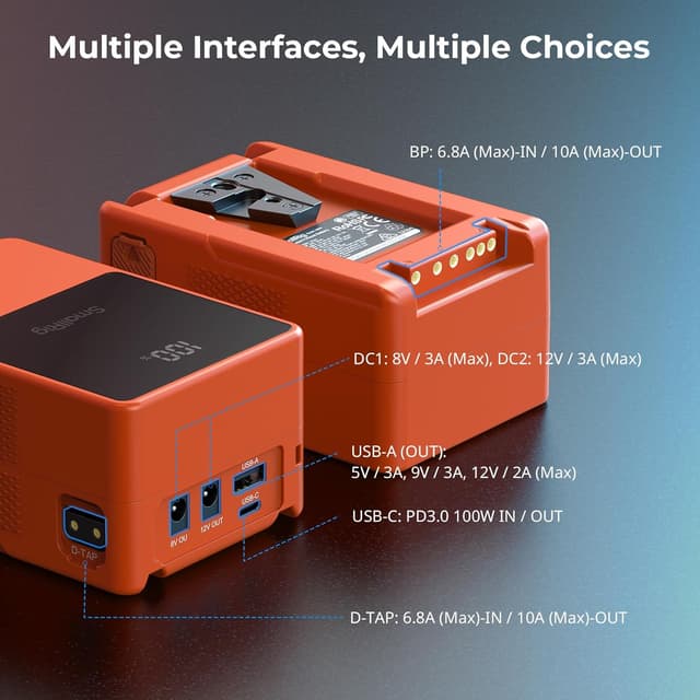 Detalle de SmallRig V Mount Battery VB99 (99Wh / 6800mAh) with PD 100W fast charging, OLED screen and D-TAP